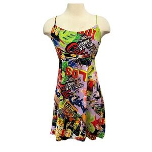Vintage Jams World Pop Art Babydoll Dress Women M Colorful Vacation Comic Resort